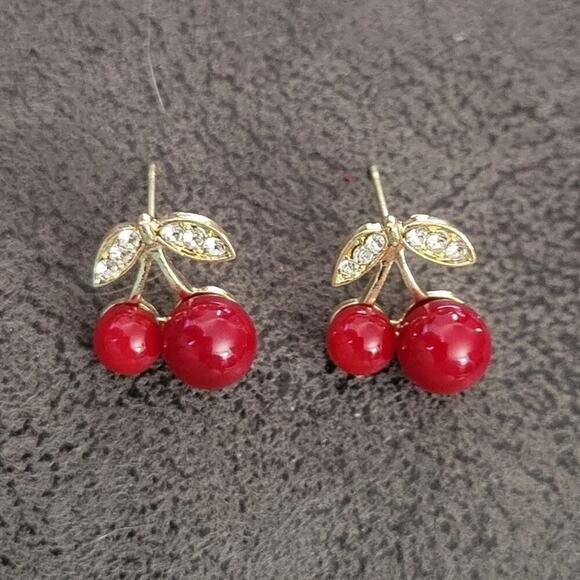 Gold and crystal rhinestone cherry post earrings - Picture 1 of 5